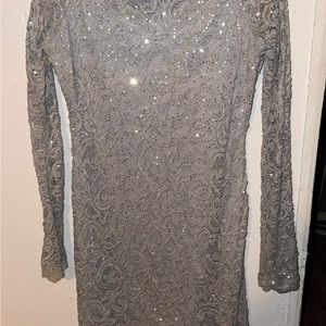 Gray Sheath Long Sleeve Cowl Neck Dress